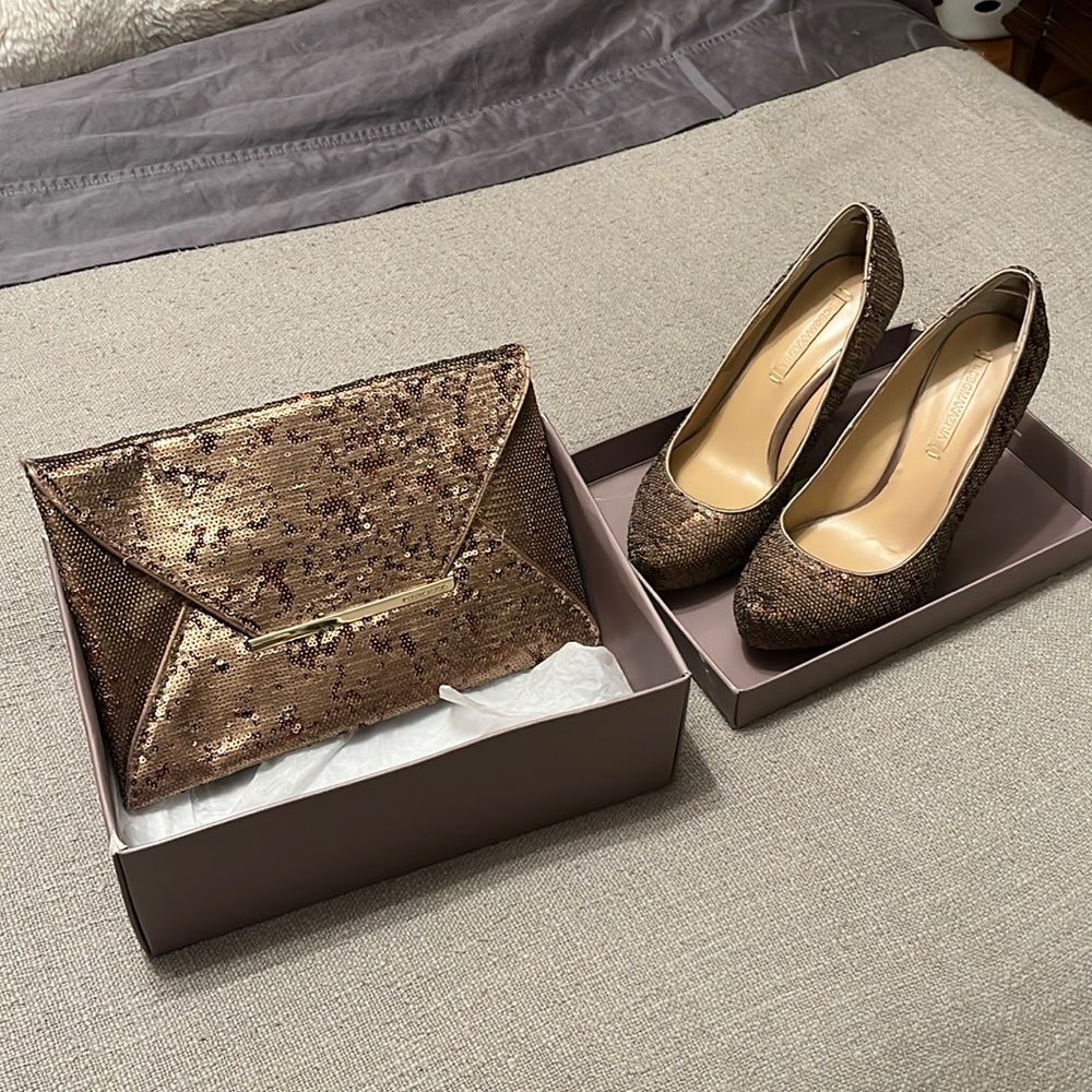 BCBG neutral sequin shoes and matching envelope purse